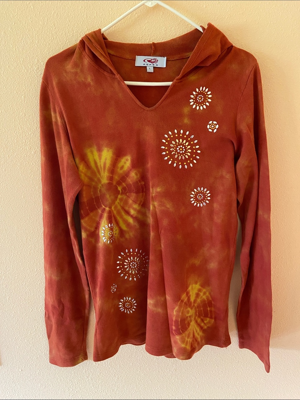 Women’s Roper Boho Burnt Orange, Bedazzled Summer Sunset Hoodie, Size Large